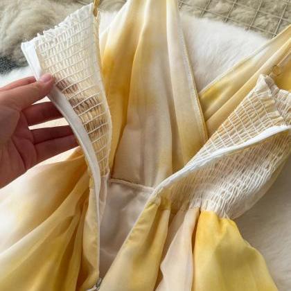 Yellow Tie-Dye Dress with Silver Kingari & High Slit