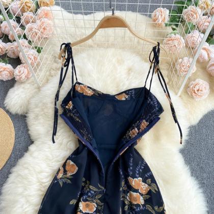 Slim Flower Print Lace Spaghetti Dress
