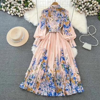 Flower Belt V-Neck Long Sleeved Maxi Dress In Black