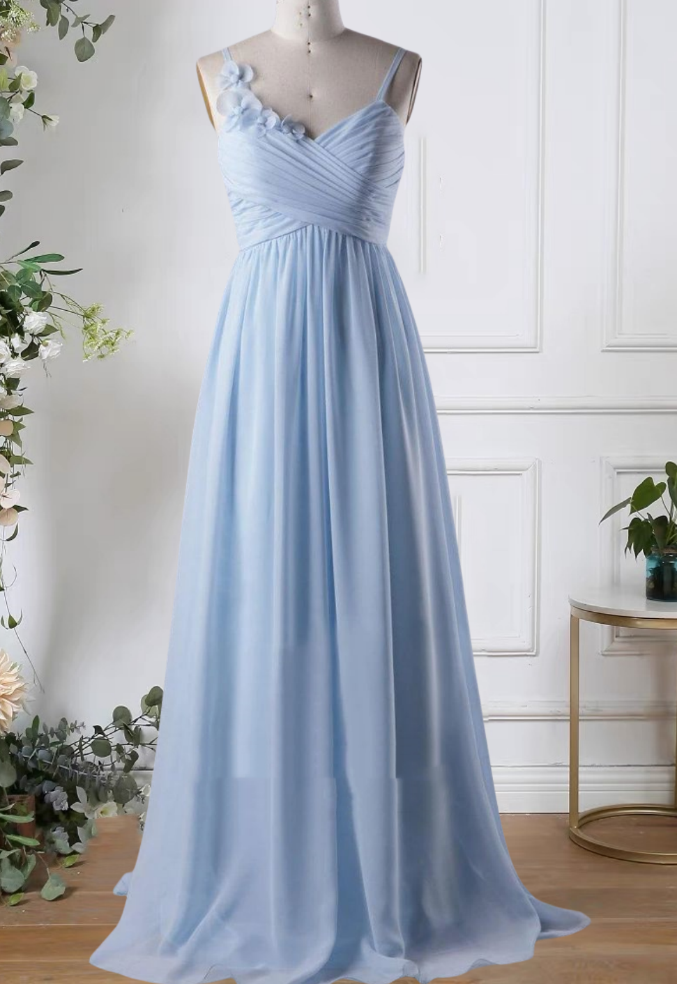 blue dress for baby girl Zapaka Women Sheath Bridesmaid Dress with Slit Elegant Sky Blue Pleated Satin Long Evening Dress, Sky Blue / US16 main image 1