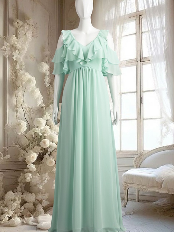 Mint Green Bridesmaid Dresses Long With Slit Ruffle Cold Shoulder A Line Chiffon Maid Of Honor Dresses V Neck Sage Wedding Guest Party Gowns