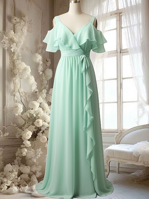Cold Shoulder Ruffle Bridesmaid Dresses Long For Women 2025 Side Slit Draped Chiffon Maid Of Honor Dresses V Neck Off The Shoulder Wrapped