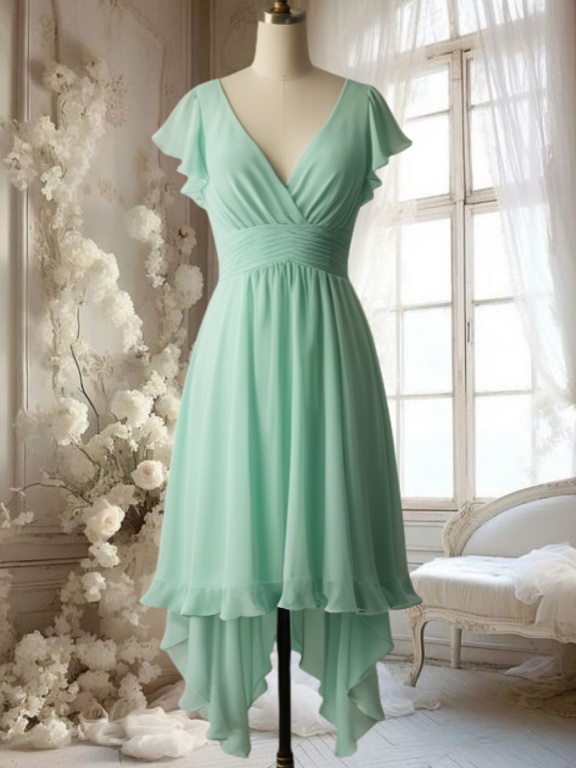 Mint Green Chiffon Bridesmaid Dresses Short For Girls 2025 Summer V Neck Flutter Sleeve A Line Wedding Guest Party Dresses Chiffon A Line Flowy