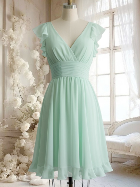 Short Bridesmaid Dresses For Summer Wedding Party A Line Pleated Empire Waist Maid Of Honor Dresses Flutter Sleeve Chiffon Wedding Guest Dresses