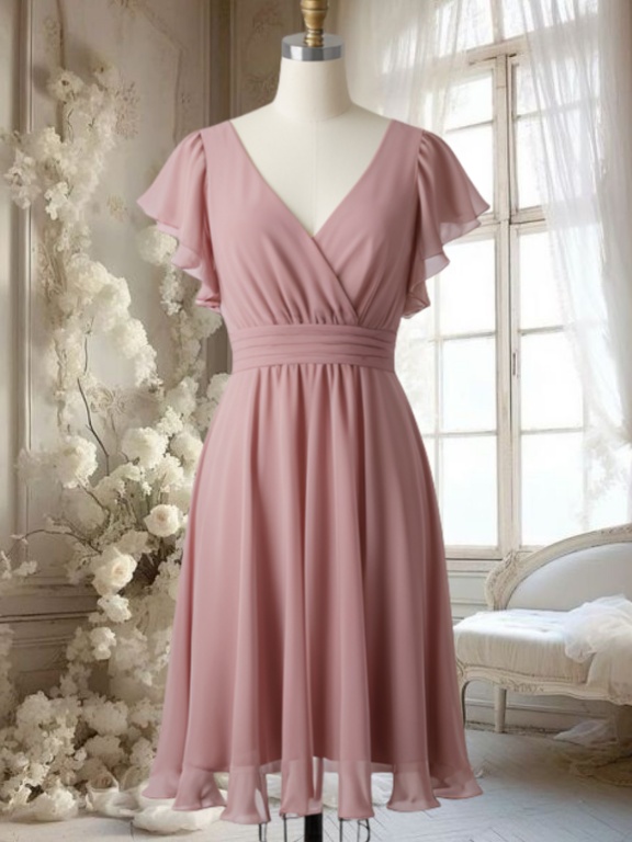 Dusty Rose Chiffon Bridesmaid Dresses Short for Women 2025 V Neck Flutter Sleeve Pleated Maid of Honor Dresses Mini Wedding Guest Party Dresses