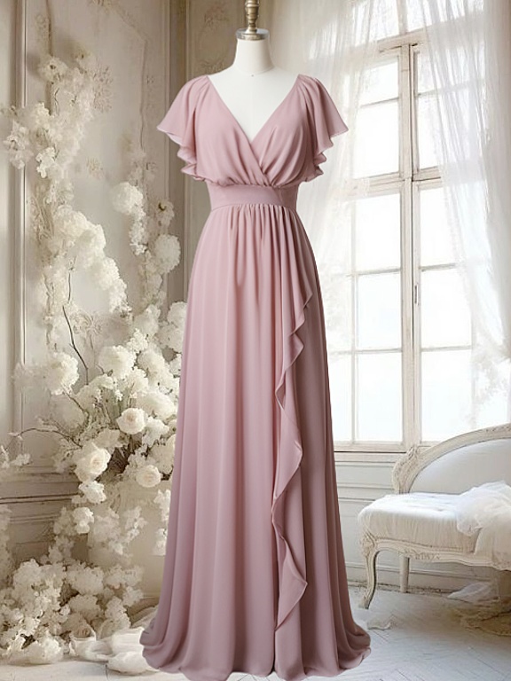 Dusty Rose Chiffon Bridesmaid Dresses Flutter Sleeve V Neck Ruffle Wedding Guest Party Dresses A Line Pleated Empire Waist Maid of Honor Dresses