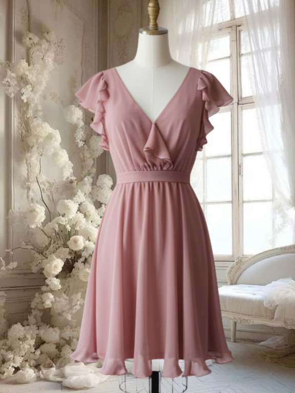 dusty rose short bridesmaid dresses Short Sleeve Chiffon V-Neck A-Line Bridesmaid Dress in Dusty Rose