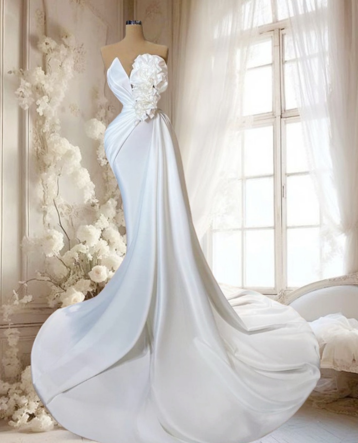 Satin Wedding Dresses Mermaid V Neck Pleated Ruffle Court Train Bridal Gowns For Bride 2025 With