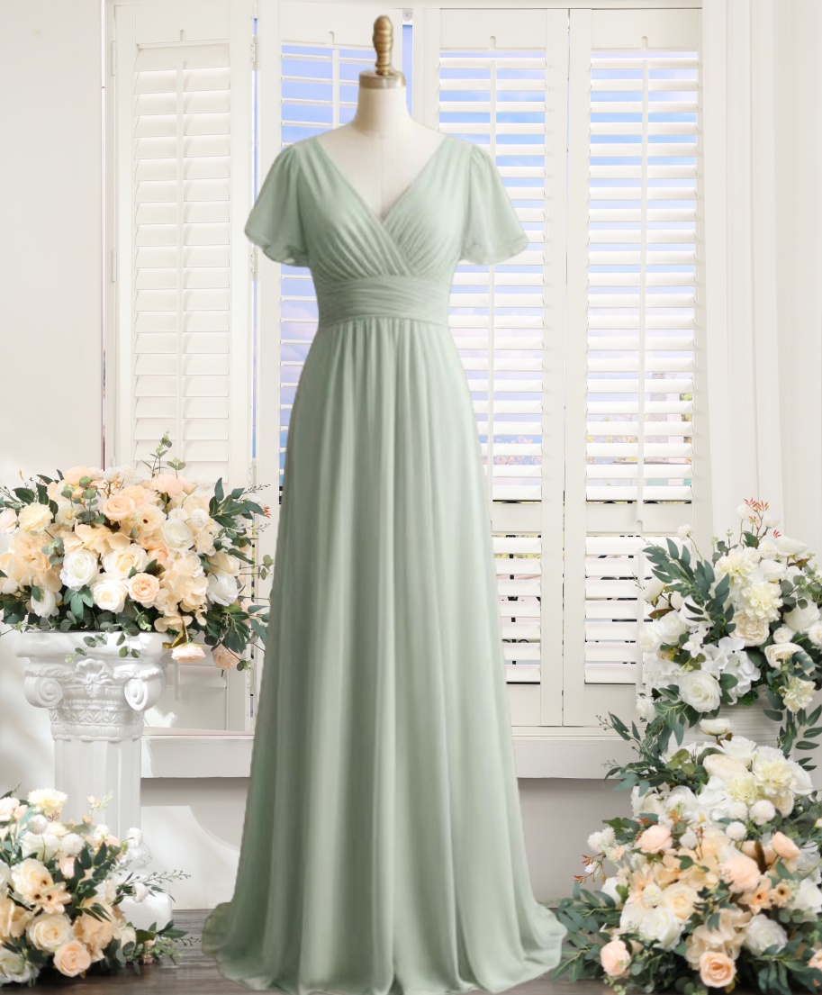 Sage Green Chiffon Bridesmaid Dresses Long for Women 2025 A Line V Neck Maid of Honor Dresses Ruched Short Sleeve Flowy Wedding Guest Party Sage Green Chiffon Bridesmaid Dresses Long For Women 2025 A Line V Neck  Maid Of Honor Dresses Ruched on Luulla