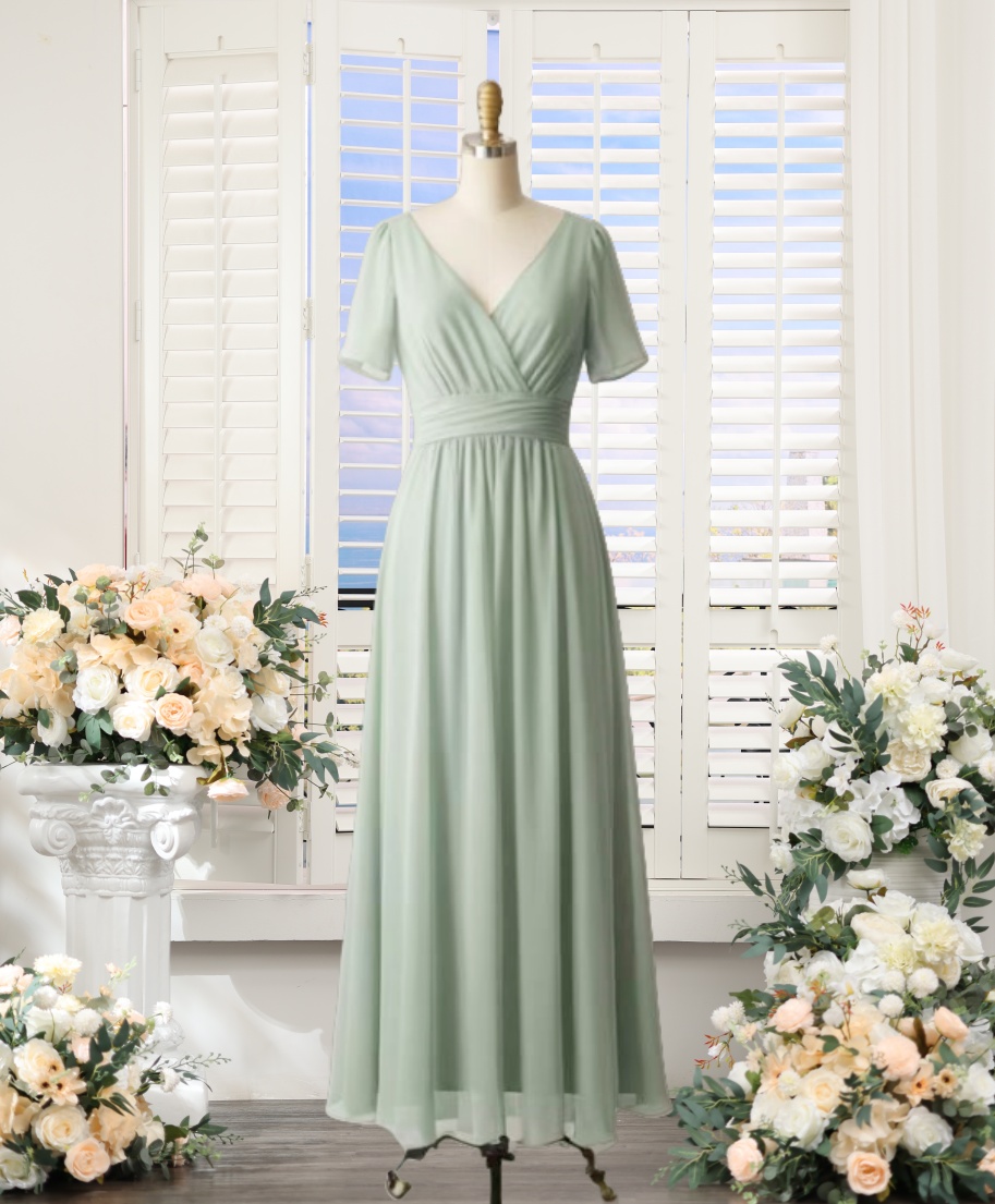 Sage Green Chiffon Bridesmaid Dresses Ankle Length For Women 2025 V Neck Pleated A Line Maid Of Honor Dresses Ruched Sashes Sage Wedding Guest