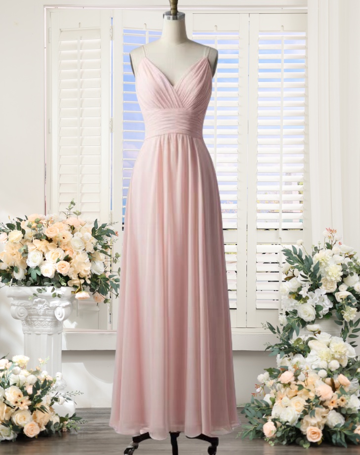 Peach Pink Spaghetti Straps Bridesmaid Dresses Long For Women 2025 V Neck Ruched A Line Maid Of Honor Dresses Chiffon Wedding Guest Party Dresses