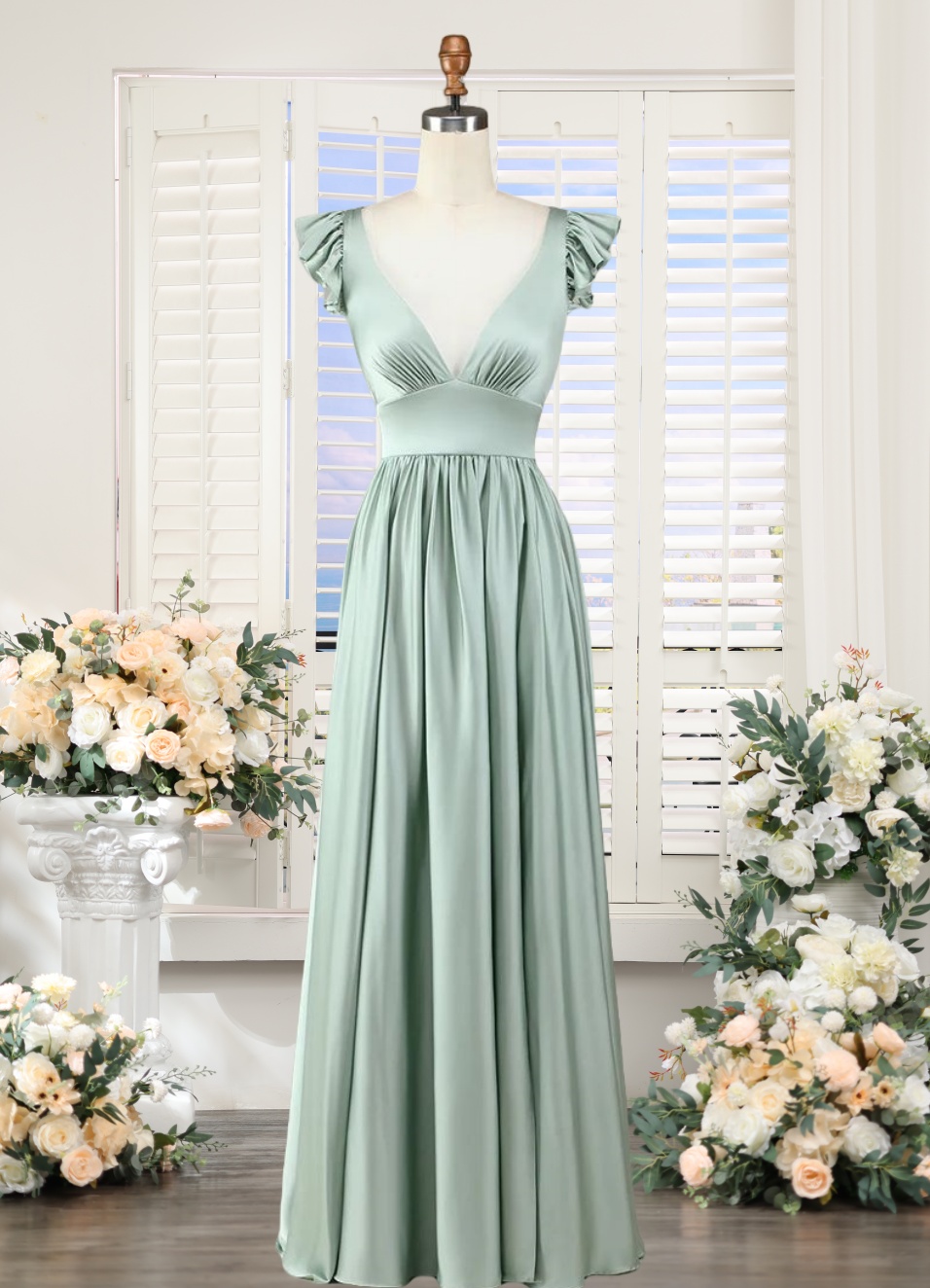 Sage Green Satin Bridesmaid Dresses Long For Women 2025 Deep V Neck Ruched  Ruffle Cap Sleeve A Line Maid Of Honor Dresses Satin Wedding Guest