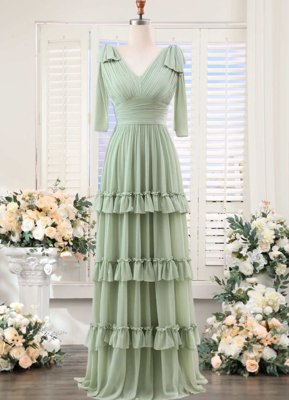 slim fit dress slacks Elegant V-Neck Ruffle A-Line Chiffon Lace Bridesmaid Dresses main image 1