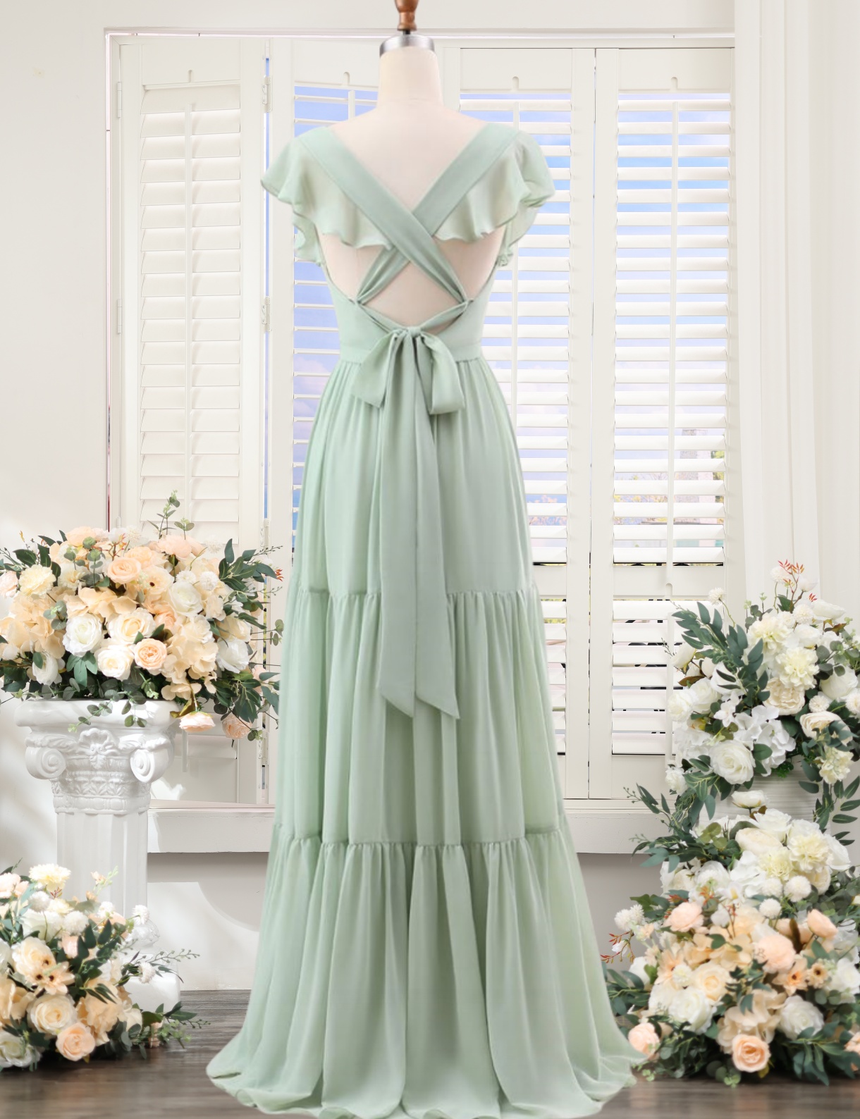 flutter sleeve v-neck tiered bridesmaid dress Sage Green Chiffon Dresses Long For Women 2025 V Neck A Line Weddin on Luulla Size 30