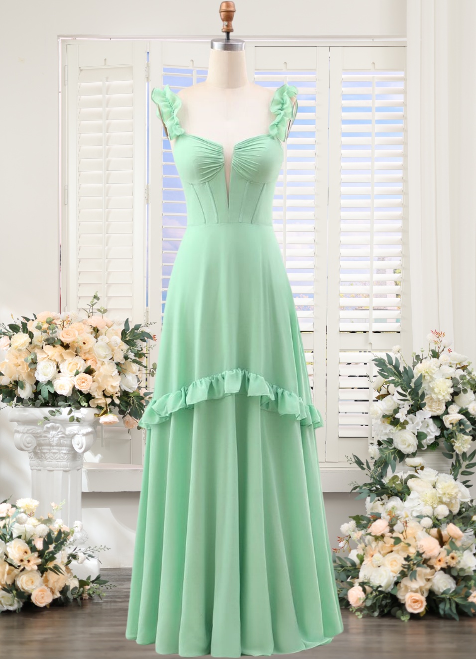 green emerald velvet dress Mint Green Cowl Neck Ruched Slit Sheath Chiffon Bridesmaid Dress main image 1