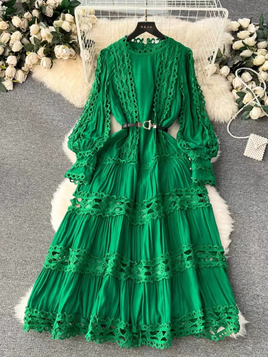 Hollow Out Lace Patchwork Puff Long Sleeve Solid Color Vestidos Sweet Style Women's Dress Winter Spring 2024