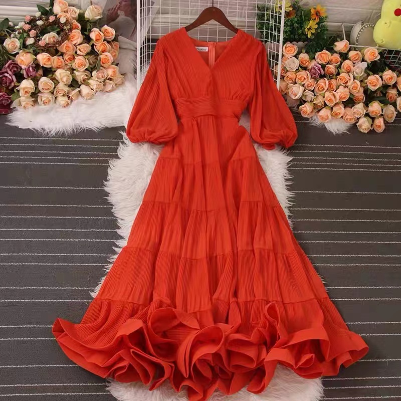 Sweet Style Y2k Vestidos 2023 Summer Women's Dress Puffsleeve Ruffles Shirring V-neck Solid High Waist Dresses