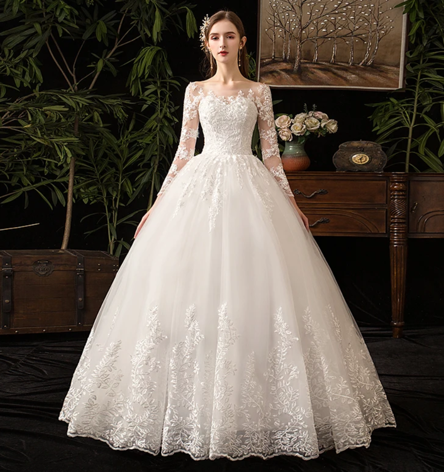 chinese dress ladies Elegance Unveiled Dubai's Opulent A-Line Lace Long Sleeve Muslim Wedding Dress, Grey / Silver / 2 main image 1
