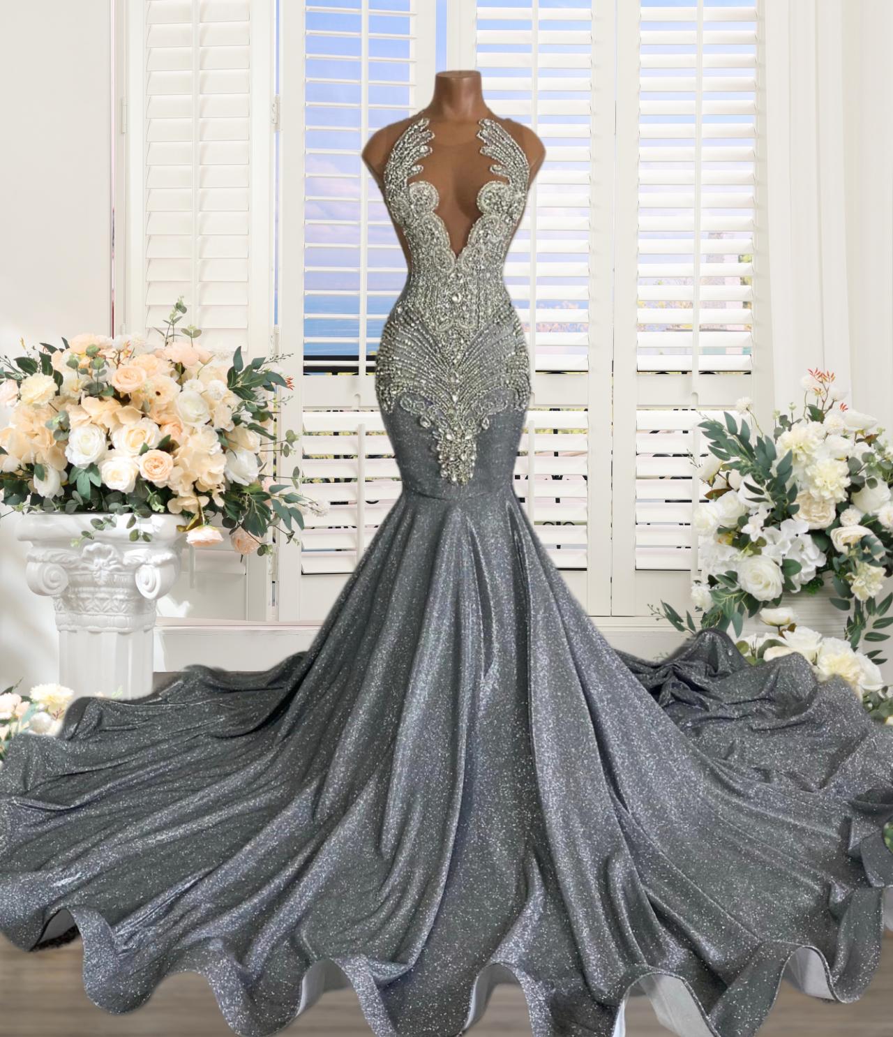 Grey silver evening gowns best sale