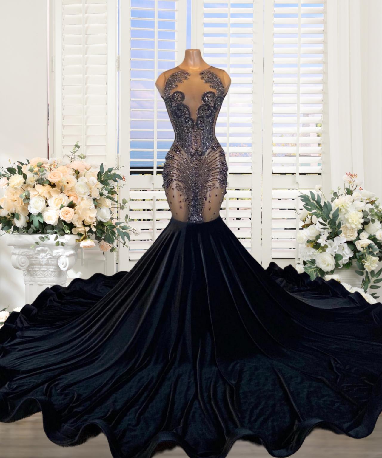 Black Crystal Prom Dresses Long For Women 2025 Beaded Diamond Tight Formal Evening  Gowns Velvet Part on Luulla