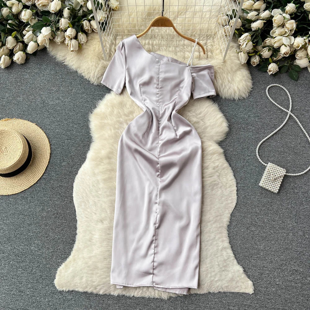 Elegant Evening Satin Off-Shoulder Midi Dress