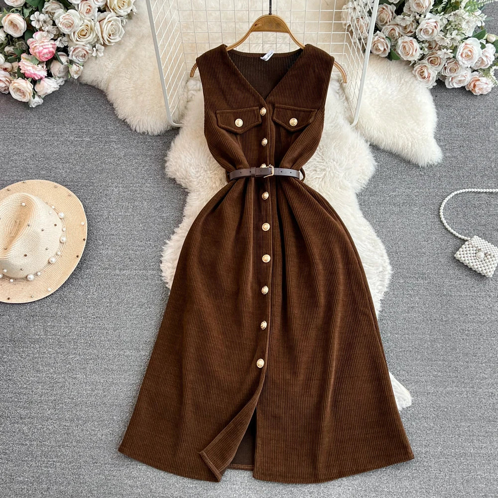 Brown Corduroy Sleeveless Button-Down Midi Dress