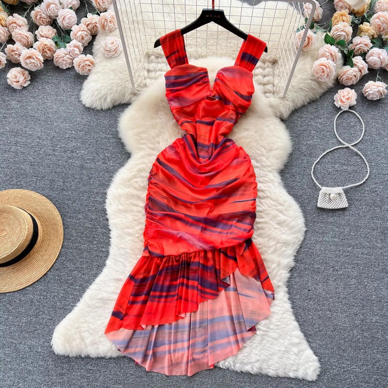 Elegant Red Ruched V-neck Evening Gown
