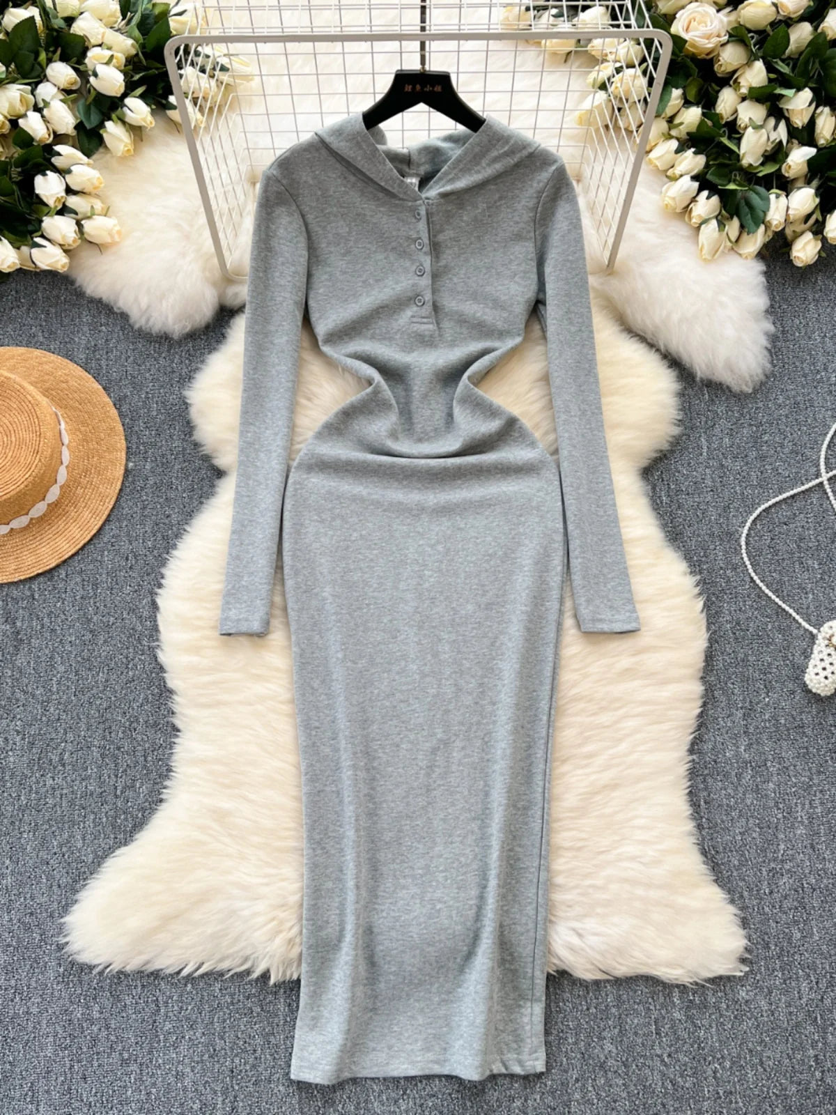long sleeve grey bodycon dress Plus Size Oriental Floral Bodycon Dress and Cardigan Set – Pluspreorder main image 0