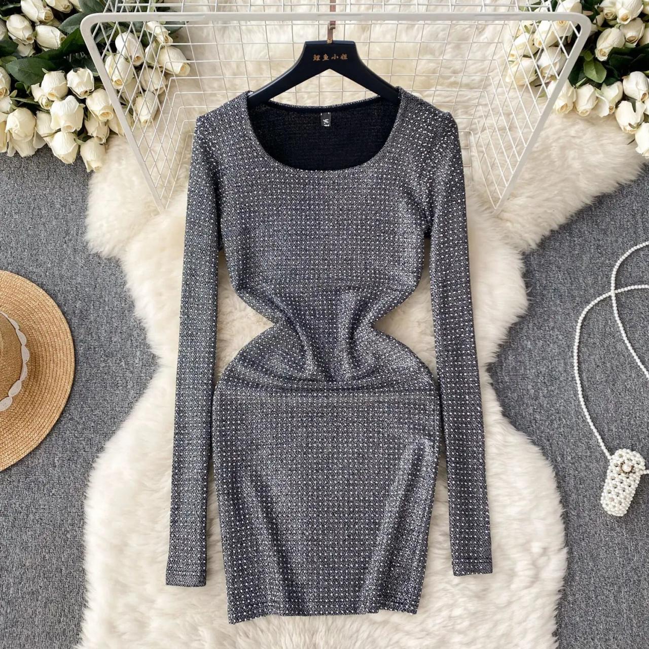 Elegant Silver Long Sleeve Bodycon Party Dress