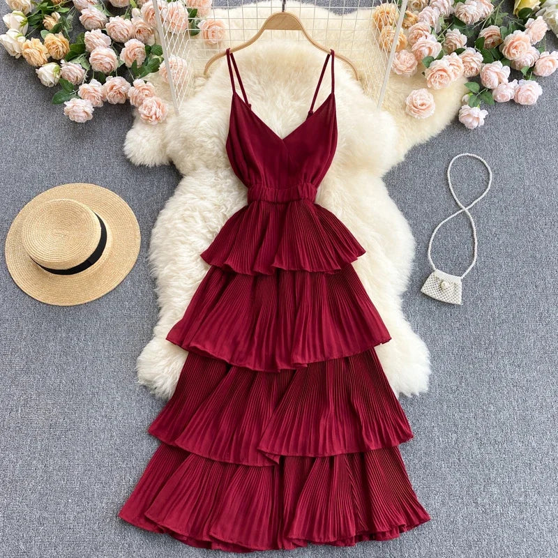 knee length dresses for ladies Lauretta Red Tiered Cotton Midi Dress – Finery London main image 1
