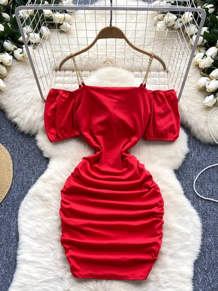 Red ruched off the shoulder dress on sale