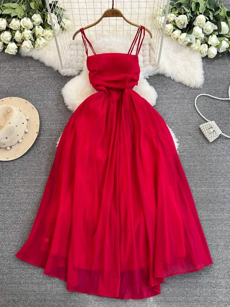 Elegant Red Spaghetti Strap Maxi Dress