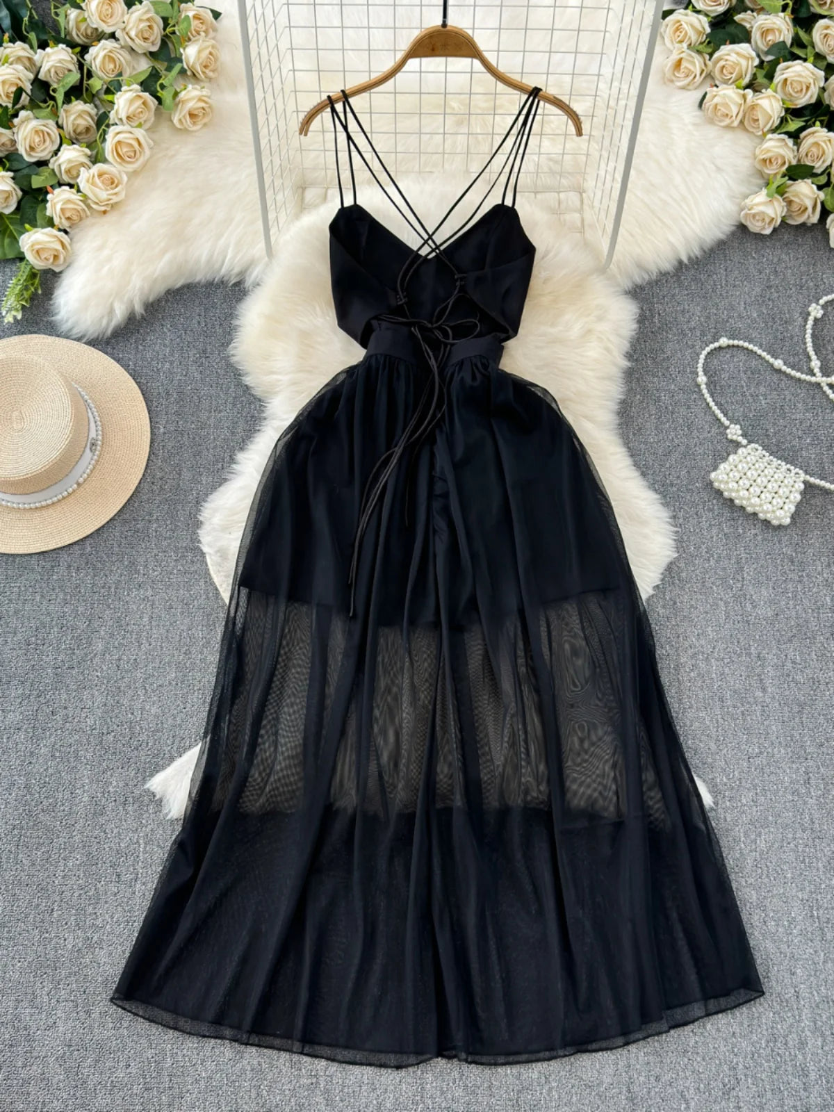 spaghetti strap mesh dress GL3808 Spaghetti Straps Fitted Slit Prom Dress With Sash