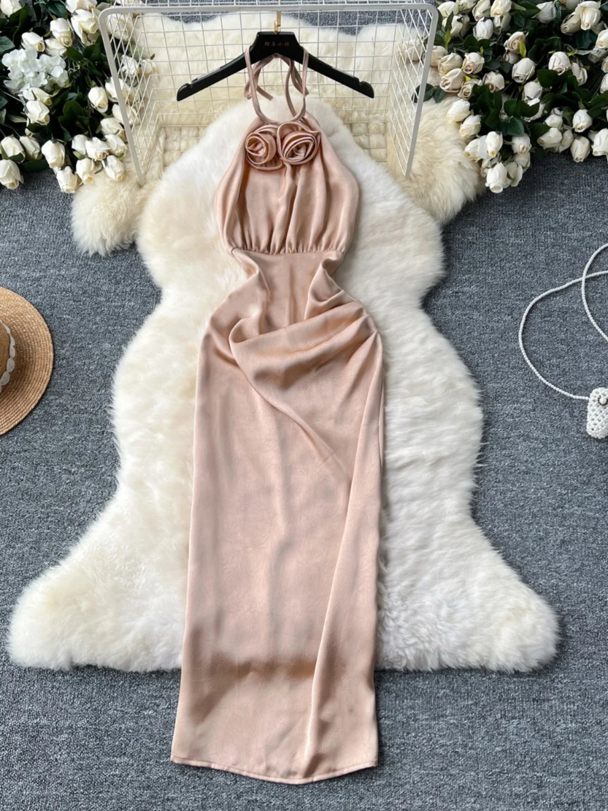 Elegant Beige Sleeveless Long Evening Cocktail Dress