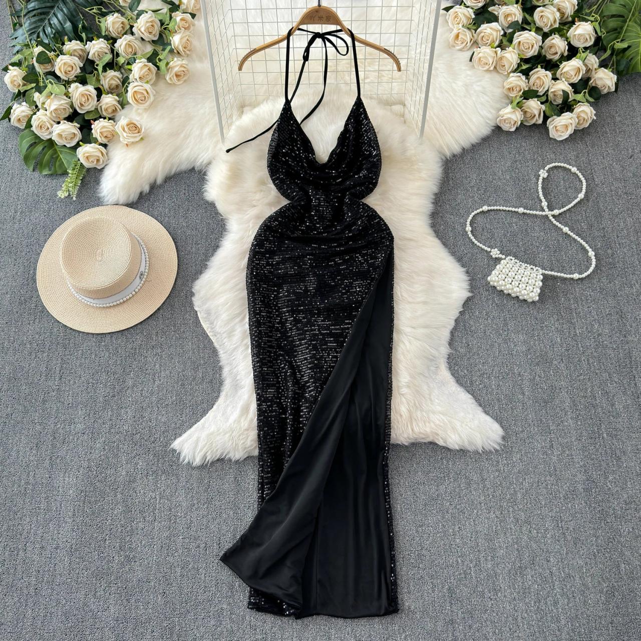 Black Sequin Dress Lulus Black Halter Dress Mesmerizing Demeanor Black  Sequin Backless Mermaid Maxi Dress