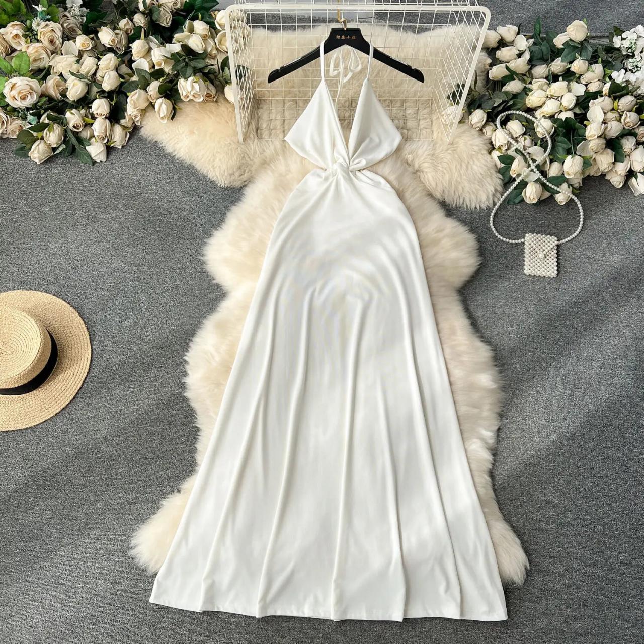 Elegant White Halter Maxi Dress For Women