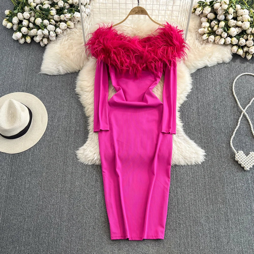 Elegant Pink Feathered Bodycon Midi Dress on Luulla