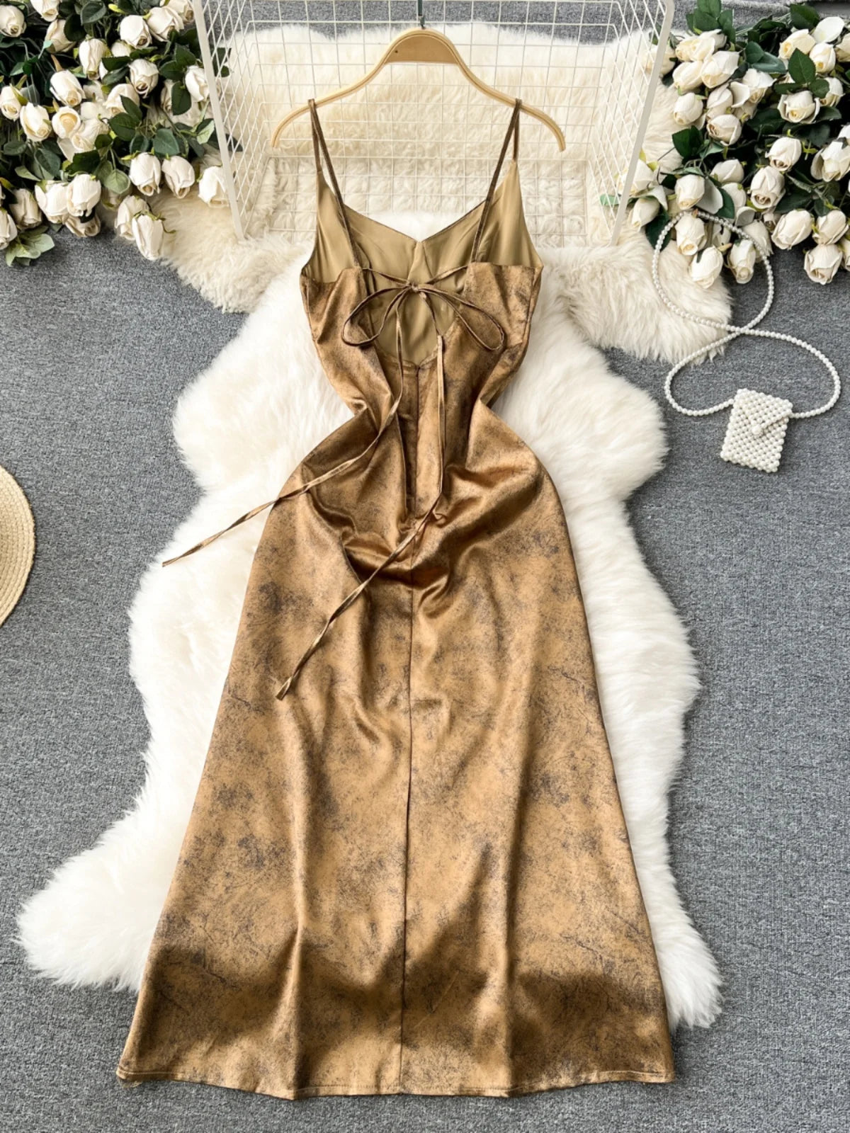 Elegant Gold Satin Maxi Slip Dress