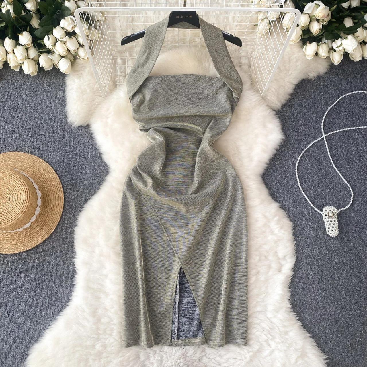 Elegant Grey Bodycon Halter Midi Dress on Luulla