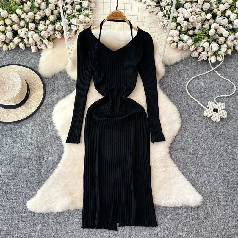 ribbed v neck bodycon dress Buy Women Black Ribbed V-Neck Full Sleeves Bodycon Dress Online at Best  Price