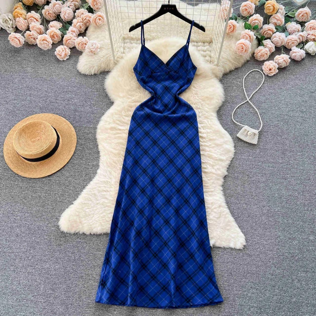 chinese dress ladies ASTR Maeryn Ruffle Trim Maxi Dress in Blue Plaid – Worth Collective main image 1