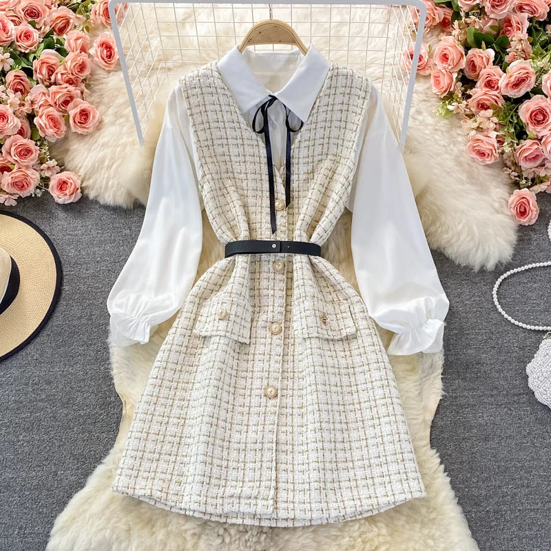 elegant plaid dress Elegant High-neck Plaid Dress | Autumn Winter Long Sleeve Dress