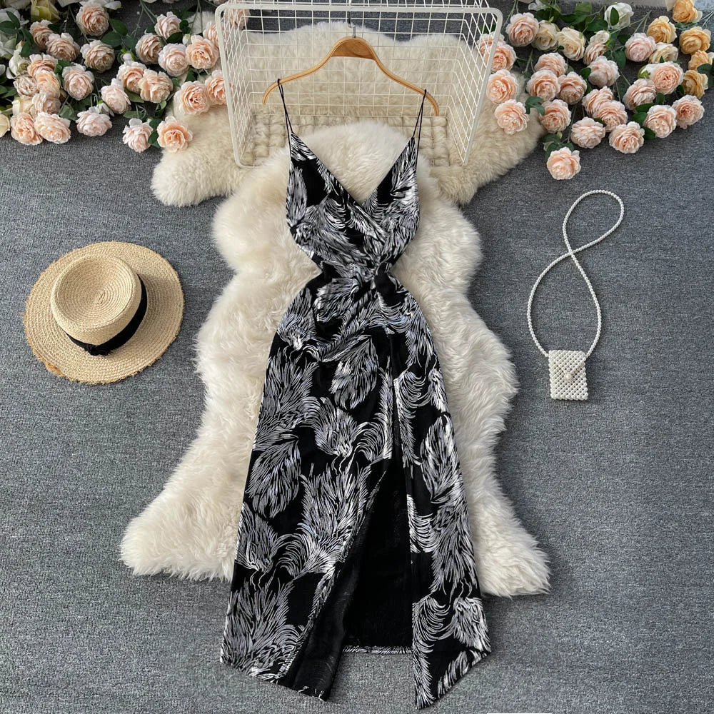 Elegant Black And White Feather Print Dress