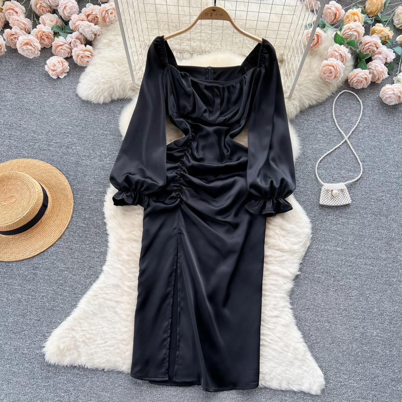 ruched black satin dress Verlaine Black Satin Maxi Dress