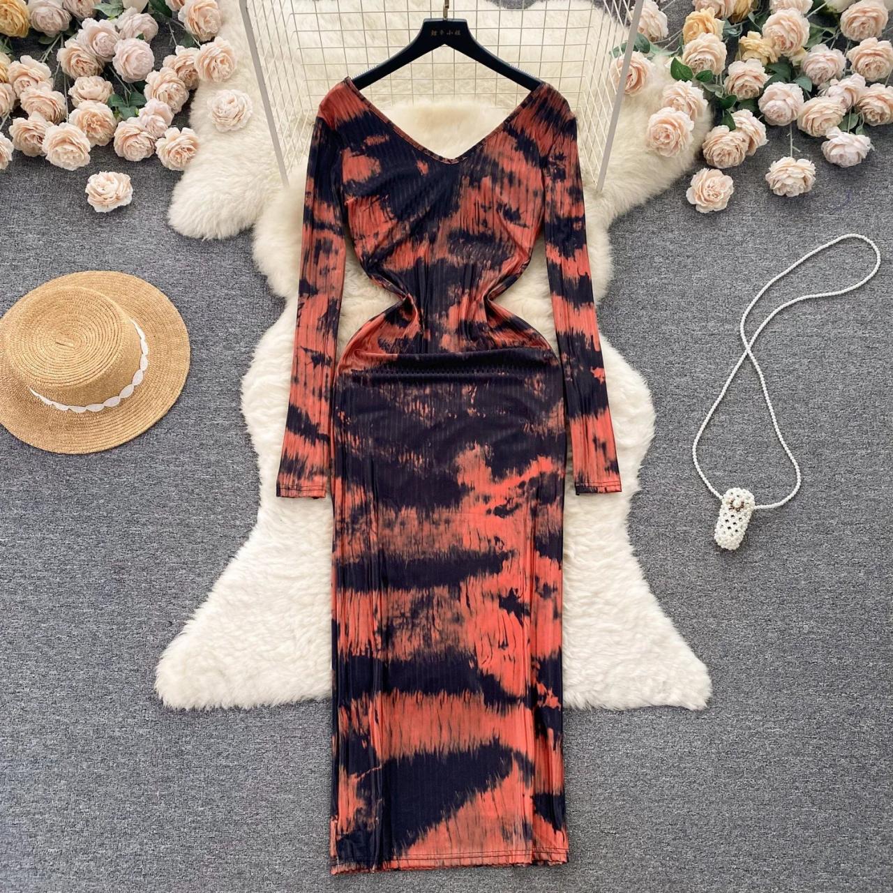 long sleeve tie dye bodycon dress Chic YC Women's Ribbed Tie Dye Bodycon Maxi Dress Square Neck Long Sleeve Casual Evening Dress Orange / S main image 0