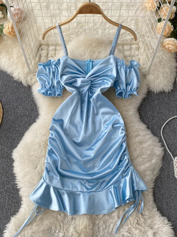 Elegant Light Blue Satin Ruched Mini Dress on Luulla