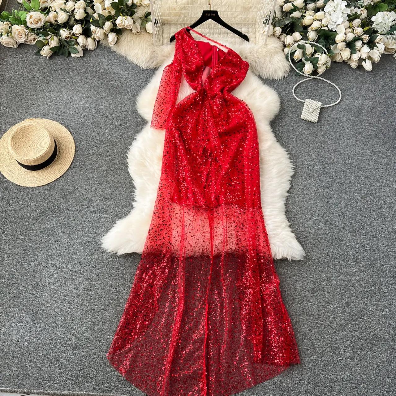 Elegant Red Glitter One-shoulder Evening Gown on Luulla