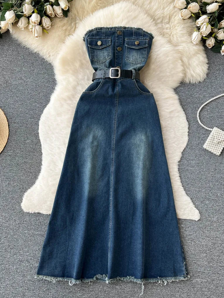 chinese dress ladies Ruffle Tube Strapless Denim Maxi Dress – Expressions Boutique NY