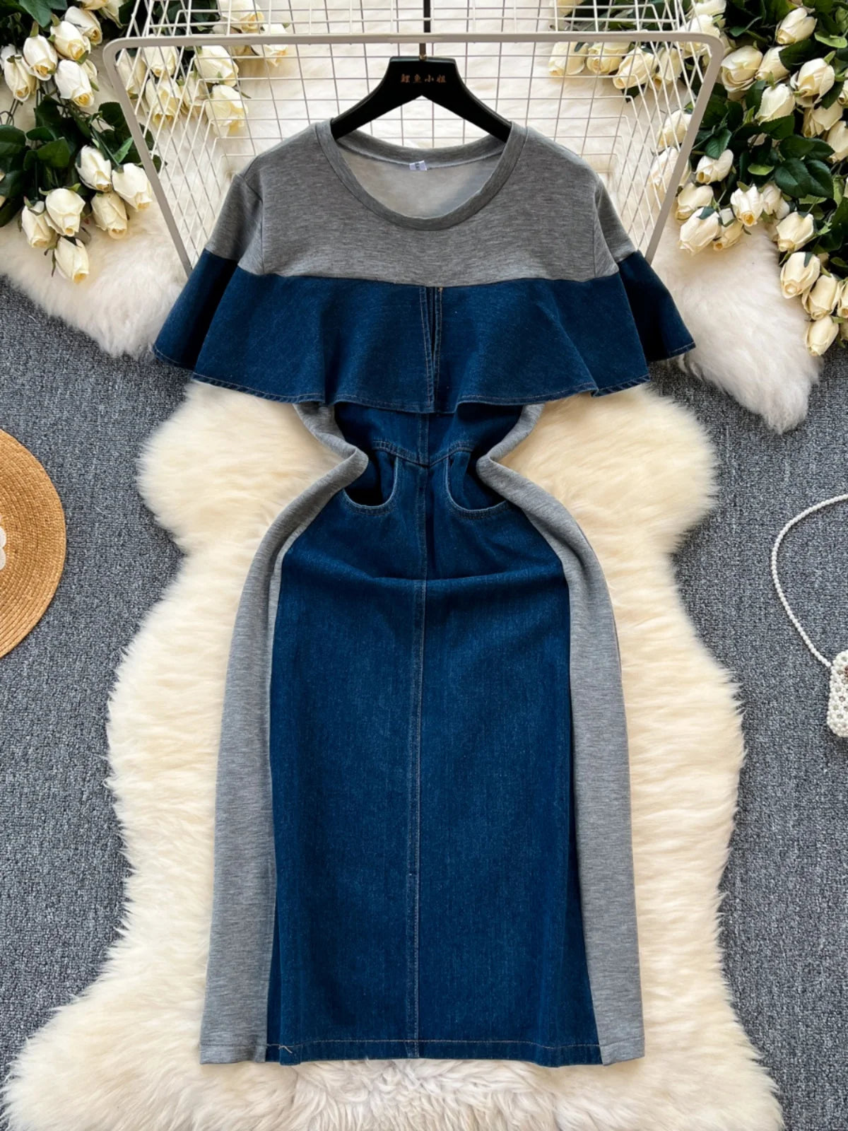 Stylish Denim Patchwork Midi Dress with Ruffles