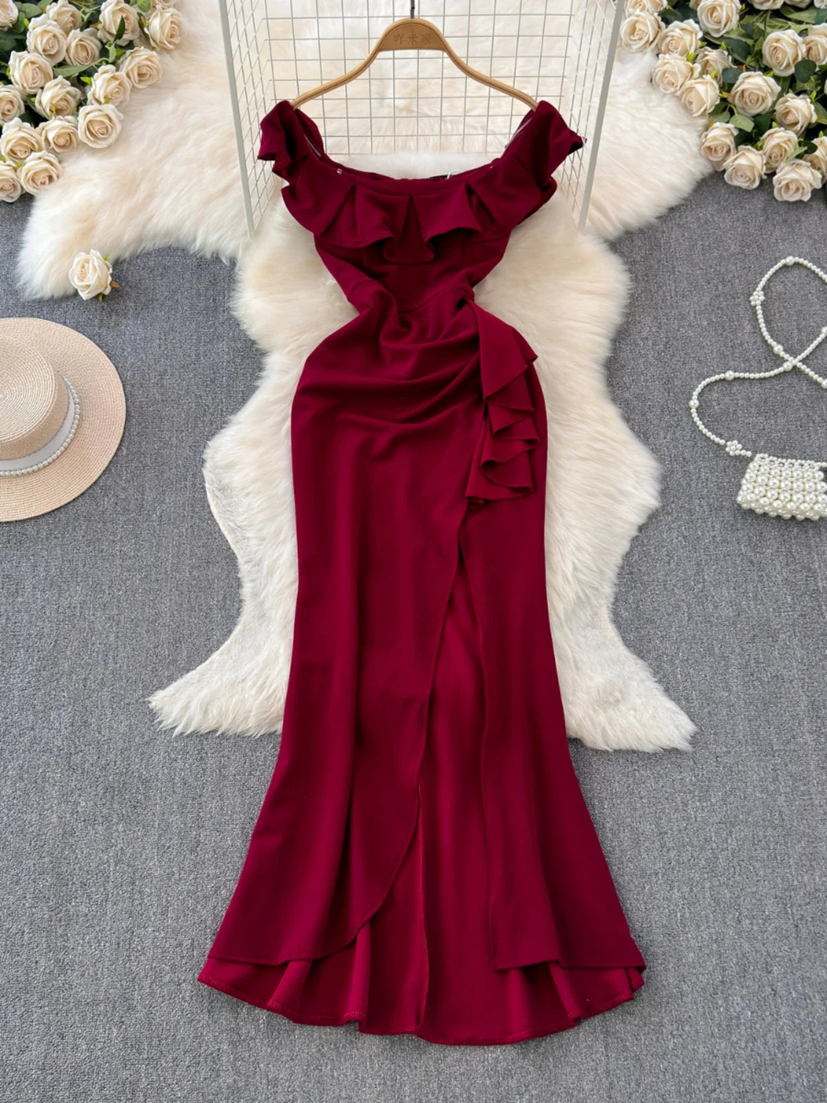 Elegant Burgundy Off-shoulder Ruffle Evening Gown on Luulla